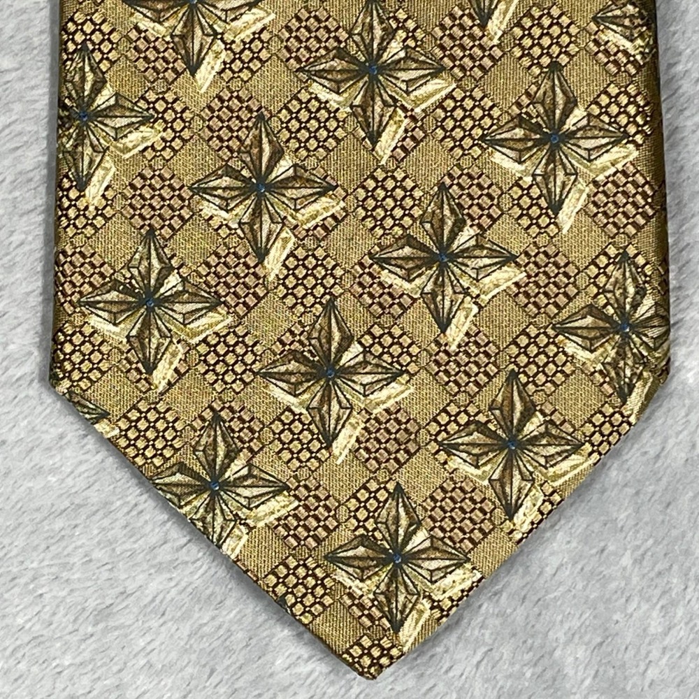 Ermenegildo Zegna Silk Tie Gold‎ Bronze Geometric Starburst Jacquard Italy 3.75"